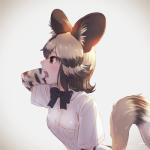 bow_(feature) bow_tie brown_eyes brown_hair clothed clothing female hair inner_ear_fluff multicolored_hair open_mouth shirt solo teeth topwear tuft two_tone_hair takami_masahiro kemono_friends african_wild_dog_(kemono_friends) african_wild_dog_humanoid animal_humanoid canid canid_humanoid canine canine_humanoid humanoid mammal mammal_humanoid 1:1 hi_res signature