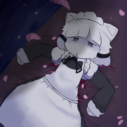 anthro blind blood blood_from_mouth blood_in_mouth blood_on_ground blood_splatter bodily_fluids clothing disability female lying lying_on_ground maid_apron maid_headdress maid_uniform on_back on_ground petals solo tired uniform spookicookiebox felid feline mammal 1:1 colored