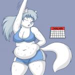 anthro belly_overhang bodily_fluids breasts calendar cleavage clothed clothing exercise female overweight overweight_female solo sweat lordstormcaller sasha_(lordstormcaller) arctic_fox canid canine fox mammal true_fox 1:1