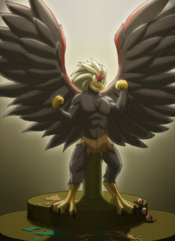 abs after_transformation anthro beak biceps biped bottomwear brown_body chest_tuft claws clothed clothing feathered_wings feathers feet fist flexing fur grin hair implied_transformation male muscular muscular_anthro muscular_male pants pecs pokeball pose raised_arm raised_fist raised_hand shorts smile solo spread_wings standard_pokeball standing talons teeth temple toe_claws toes toothed_beak topless torn_clothing tuft white_hair wings toughset nintendo pokemon pokemon_trainer accipitrid accipitriform avian bird braviary eagle generation_5_pokemon pokemon_(species) digital_media_(artwork) hi_res