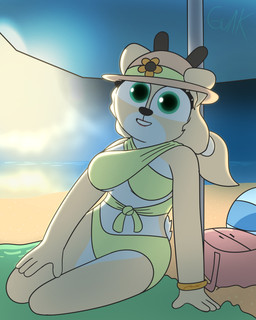 anthro antlers ball basket beach beach_ball beach_towel beach_umbrella bikini bracelet breasts clothing cloud container curly_hair ears_through_headwear eyelashes female flower fur glistening green_eyes hair hat headgear headwear horizon horn inflatable jewelry kneeling lips long_hair looking_at_viewer parasol plant ponytail reflection resting sea seaside smile solo storm swimwear tied_bikini topwear towel two-piece_swimsuit under_boob water water_reflection white_body white_fur wind yellow_bikini yellow_body yellow_clothing yellow_fur yellow_swimwear guak mia_miller_(guak) deer humanoid mammal 4:5 absurd_res hi_res