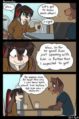anthro beverage black_border blue_eyes blush blush_lines border brown_body brown_fur brown_hair clothed clothed_anthro clothed_female clothed_male clothing coffee coffee_cup computer container cup dialogue duo electronics embarrassed eye_contact female female_anthro floppy_ears fully_clothed fully_clothed_female fully_clothed_male fur furniture green_eyes hair highlights_(coloring) inside laptop long_ears looking_at_another male male_anthro open_mouth page_number ponytail red_highlights speech_bubble table text thought_bubble black-kitten ken_(black-kitten) maya_(black-kitten) canid canine canis domestic_dog hybrid lagomorph leporid mammal rabbit 2:3 comic english_text hi_res
