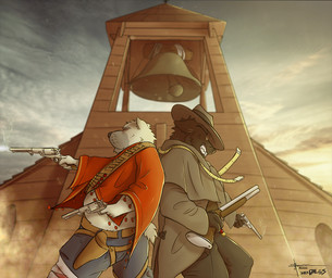 anthro bell church clothed clothing cowboy duo fur gun gunshot male ranged_weapon slightly_chubby standing weapon western wild_west aennor nickdales aennor_(character) nickdales_(character) bear canid canine canis mammal wolf artist_collaboration