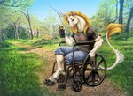 2021 5_fingers amputee anthro day detailed_background digital_media_(artwork) disability equid equine eyebrows eyelashes fingers forest fur grass hair hooves horn looking_at_viewer male mammal missing_leg muscular muscular_anthro muscular_male mythological_creature mythological_equine mythology open_mouth open_smile outside plant sabretoothed_ermine smile solo tree unicorn vehicle wheelchair