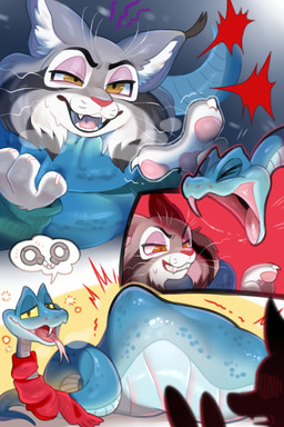 abdominal_bulge anthro anthro_prey blue_body blue_scales bodily_fluids buccinator coiling countershading duo_focus emanata eyebrows eyes_closed fangs female female_anthro feral feral_pred forked_tongue fur grey_body grey_fur group half-closed_eyes kemono male male_anthro male_feral male_pred male_prey narrowed_eyes open_mouth pink_tongue red_scarf saliva saliva_string scales scarf spoiler tail tapering_tail teeth tongue tongue_out ventral_scales vore yellow_eyes tianhua disney zootopia gary_de'snake judy_hopps nick_wilde pawbert_lynxley canada_lynx canid canine european_rabbit felid feline fox lagomorph leporid lynx mammal oryctolagus pit_viper rabbit red_fox reptile scalie snake true_fox viper 2025 2:3 comic hi_res pictographics shaded soft_shading