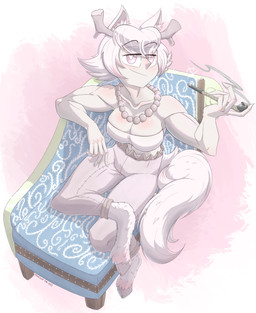 albino antlers claws female furniture hooves horn jewelry muscular muscular_female necklace plantsoup sitting smoking sofa solo tail shea_(southdog) canid canine canis deer humanoid hybrid mammal wolf absurd_res hi_res