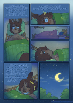 blue_hair blush blush_lines body_hair brown_body brown_fur brown_hair brown_skin chest_hair curved_horn fur hair half-closed_eyes horn narrowed_eyes sleeping smile smirk smug smug_face smug_grin stubble text darkchibishadow solanaceae battam_(solanaceae) sal_(solanaceae) human humanoid mammal satyr comic english_text