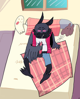 antennae_(anatomy) anthro bed black_body bodily_fluids bottomwear clothing cum ejaculation erection furniture genital_fluids genitals male masturbation orgasm orgasm_face pants penis plushie precum red_eyes shirt solo tapering_penis topwear one0nine cryptid_crush atlas_(cryptid_crush) mothman arthropod cryptid insect lepidopteran moth 2025 absurd_res digital_media_(artwork) hi_res krita_(artwork)