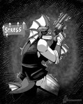 1_eye bodily_fluids clothing eye_patch eyewear fin gun ranged_weapon solo stress sweat text topwear vest weapon masterzoroark666 inktober nuclear_throne fish marine absurd_res english_text greyscale halftone hi_res monochrome