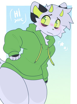 2_horns >///< anthro black_body black_eyebrows black_fur blush blush_lines border bottomless bottomless_anthro bottomless_male cat_smile cheek_tuft chest_tuft closed_smile clothed clothing dialogue dipstick_ears ear_markings eyebrows facial_tuft femboy fur gradient_background green_clothing green_eyes green_hoodie green_horn green_nose green_sclera green_topwear grey_body grey_fur grey_hair grey_inner_ear hair hand_on_hip hoodie horn leaning leaning_forward looking_away male markings mouth_closed multicolored_ears partially_clothed shy simple_background smile solo standing star tail text topwear tuft white_border white_text ohalphabetboyy domestic_cat felid feline felis mammal 2026 english_text hi_res