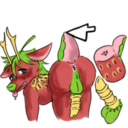 anthro anus backsack balls butt cursor dildo food fruit fur genitals green_hair hair looking_at_viewer looking_back looking_back_at_viewer male penetrable_sex_toy penis plant raised_tail red_body red_fur sex_toy simple_background solo strawberry tail tongue tongue_out yellow_penis lemonsaregood deer food_creature mammal 1:1