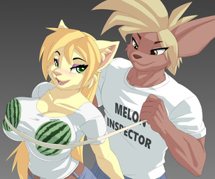 anthro big_breasts breasts clothed clothing duo female food fruit makeup male male/female measuring melon plant shirt smile tape_measure text text_on_clothing text_on_shirt text_on_topwear topwear watermelon pakwan008 felid feline mammal 2019 absurd_res hi_res