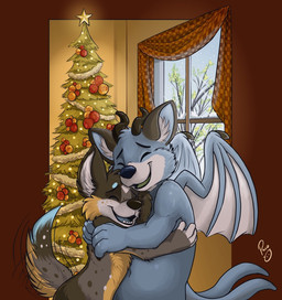 2_tails anthro black_body black_fur black_horn blue_body blue_fur blue_sky blue_tongue christmas_tree duo eyes_closed fur grey_body grey_fur happy holidays horn hug logo male male_anthro membrane_(anatomy) membranous_wings multi_tail nude open_mouth open_smile plant side_view sky smile snow snowing standing tail tail_motion tailwag tongue tree white_body white_fur white_wings window wings yellow_body yellow_fur young young_anthro young_male pandapaco christmas canid canine mammal artist_logo signature