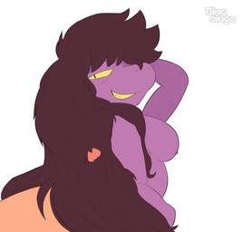 anthro areola breasts brown_hair duo female genitals hair hairjob long_hair nipples nude penis purple_body tear_trough teeth touching_hair yellow_eyes yellow_teeth bingbingo deltarune undertale_(series) susie_(deltarune) dinosaur human mammal prehistoric_species reptile scalie hi_res watermark