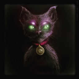 4_eyes ambiguous_gender black_body black_border black_ears black_fur black_nose border collar collar_tag feral front_view fur glowing glowing_eyes green_glow green_sclera initials multi_eye purple_glow purple_sclera quadruped red_collar solo whiskers white_whiskers louceph night_mind nick_nocturne domestic_cat felid feline felis mammal 1:1 digital_media_(artwork) digital_painting_(artwork) half-length_portrait hi_res painting_(artwork) portrait shaded male_(lore)