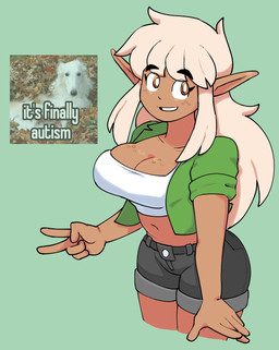 5_fingers big_breasts black_bottomwear black_clothing black_shorts bottomwear breasts brown_body brown_breasts brown_ears brown_skin cleavage clothed clothed_female clothed_humanoid clothing collarbone crop_top eyebrows female female_humanoid fingers freckled_breasts freckled_face freckles gesture green_background green_clothing green_jacket green_topwear grin hair hand_gesture humanoid_pointy_ears jacket long_hair looking_up navel not_furry open_clothing open_jacket open_topwear orange_eyes pointy_ears pupils shirt shorts simple_background smile solo tan_hair text thick_eyebrows topwear v_sign white_clothing white_crop_top white_pupils white_sclera white_topwear genocityzone autumn_(genocityzone) borzoi canid canine canis domestic_dog elf humanoid hunting_dog mammal sighthound 2025 digital_media_(artwork) english_text hi_res