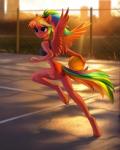 2018 anthro basketball butt butt_pose clothing cutie_mark detailed_background digital_media_(artwork) equid equine fan_character feathered_wings feathers female hair hasbro hi_res hooves horn mammal multicolored_hair my_little_pony mythological_creature mythological_equine mythology outside pose rainbow_hair skinny solo spectrum_dash tomatocoup winged_unicorn wings