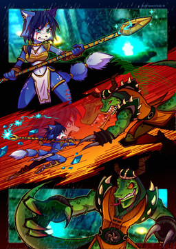 3_fingers 5_fingers action_pose action_scene angry anthro armor bandeau blood blood_drip blood_from_mouth blood_in_mouth blood_on_breast blood_on_breasts blood_on_face blue_body blue_fur blue_hair bodily_fluids bottomless bottomless_female bottomwear breasts butt claw_(weapon) claw_marks clothed clothing curvy_figure dripping duo ear_piercing ear_ring eyebrows eyelashes female fight fingers footwear forked_tongue fur green_body green_scales hair headgear helmet holding_object holding_staff horn horned_helmet hourglass_figure jewelry krystal's_staff loincloth magic_user male markings melee_weapon necklace no_underwear open_mouth pelvic_curtain piercing pose ring_piercing sandals scales sharp_teeth shin_guards shoes skimpy spikes staff tail teeth text tongue topwear tribal tribal_markings violence weapon white_bottomwear white_clothing white_loincloth white_markings wound_on_leg wounded arsworlds nintendo star_fox general_scales krystal_(star_fox) canid canine fox mammal scalie sharpclaw_(star_fox) 2026 artist_name hi_res