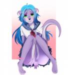 anthro asian_clothing blue_hair blush clothed clothing covering covering_crotch covering_self east_asian_clothing female fur green_eyes hair japanese_clothing japanese_school_uniform long_hair looking_at_viewer purple_body purple_fur school_uniform serafuku simple_background solo uniform litchi666 flow_maru_(character) mammal mustelid otter digital_media_(artwork) hi_res shaded