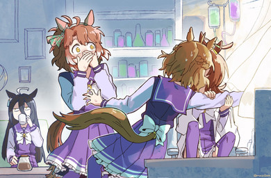 ahoge arm_grab arm_pull asian_clothing beverage black_hair blush bottomwear brown_hair clothed clothed_female clothed_humanoid clothing coffee container covering covering_mouth covering_own_mouth covering_self cup drinking east_asian_clothing erlenmeyer_flask female female/female group hair holding_container holding_cup holding_mug holding_object japanese_clothing japanese_school_uniform laboratory_equipment laboratory_glassware legwear mug notched_ear obscured_kiss pleated_skirt purple_bottomwear purple_clothing purple_legwear purple_shirt purple_skirt purple_thigh_highs purple_topwear school_uniform scientific_instrument serafuku shirt sitting skirt standing tail thigh_highs topwear uniform yellow_eyes mazu1kan cygames uma_musume_pretty_derby agnes_tachyon_(pretty_derby) dantsu_flame_(pretty_derby) jungle_pocket_(pretty_derby) manhattan_cafe_(pretty_derby) animal_humanoid equid equid_humanoid equine equine_humanoid horse_humanoid humanoid mammal mammal_humanoid hi_res