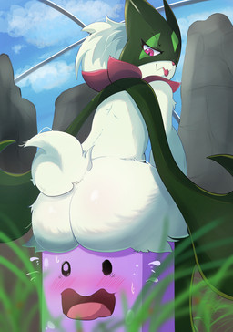 ambiguous_gender anthro blush blush_lines butt cloud cloudy_sky duo eyelashes flower_(anatomy) fur grass green_body green_fur green_tail jagged_mouth mask pink_eyes pink_nose plant purple_body sitting sitting_on_another sky tail tongue tongue_out bluefox780 nintendo pokemon ditto_(pokemon) generation_1_pokemon generation_9_pokemon meowscarada pokemon_(species) 2025 hi_res
