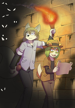anthro brown_hair canteen clothed clothing darkness disembodied_eyes duo eyes_in_darkness fully_clothed fur green_hair hair hat headgear headwear inside male scroll tan_body tan_fur tomb torch robin_dassen twin_dragons_(webcomic) benji_(twin_dragons) rex_(twin_dragons) canid canine canis domestic_dog mammal 2019 hi_res