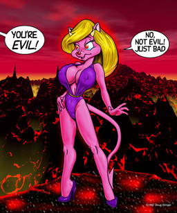 2_horns anthro big_breasts blonde_hair breasts cleavage clothed clothing cloud cocked_hip female fire footwear fur glowing hair hand_on_hip hell high_heels horn lava lingerie long_hair looking_at_another nipple_outline nipples outside pink_body pink_fur red_eyes shoes solo spade_tail speech_bubble tail teddy_(clothing) doug_winger demon mammal mouse murid murine rodent 1997 5:6