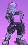 3_fingers armor black_clothing bodysuit butt clothed clothing female fingers hand_on_butt headgear helmet hood not_furry purple_background rear_view simple_background skinsuit solo tight_clothing dekonsfw bioware electronic_arts mass_effect tali'zorah alien alien_humanoid humanoid quarian featureless_(disambiguation) 2022 hi_res portrait three-quarter_portrait