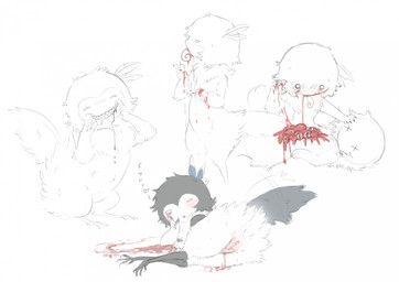 ambiguous_gender anthro avian_feet black_tail blood blood_on_hand blood_on_leg bodily_fluids cannibalism corpse countershading death duo eating feathers female female_anthro fluffy genital_fluids genitals gore grey_body grey_feathers grin guts hard_vore holding_feather intestines lying multicolored_body multicolored_feathers neck_tuft on_side onomatopoeia organs proboscis_(anatomy) ribs sharp_teeth simple_background smile solid_circle_eyes sound_effects tail teeth text tuft two_tone_body two_tone_feathers vaginal_fluids vore vulva weapon white_background white_body white_countershading white_feathers x_eyes jejejunum shrike_(jejejunum) avian fraid_(species) 2026 digital_drawing_(artwork) digital_media_(artwork) firealpaca_(artwork) hi_res