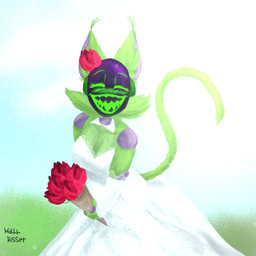 anthro beautiful_background cheek_tuft clothing dress facial_tuft female flower fluffy_ears fur green_body green_fur happy machine plant rose_(flower) sharp_teeth smile solo teeth tuft wedding_dress wallkisser cofi_(wallkisser) protogen 1:1 hi_res