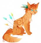 arrow_(weapon) blood blue_eyes bodily_fluids feral fur orange_body orange_fur paws ranged_weapon simple_background sitting solo weapon white_background maplespyder maple_(maplespyder) domestic_cat felid feline felis mammal 2015 digital_media_(artwork)