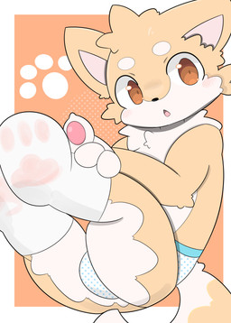 anthro blush blush_lines cheek_tuft clothed clothing facial_tuft footwear fur head_tuft kemono looking_at_viewer male multicolored_body multicolored_fur open_mouth orange_eyes pawpads pink_pawpads shocked sitting socks solo tail topless tuft two_tone_body two_tone_fur underwear white_body white_clothing white_footwear white_fur white_socks yellow_body yellow_fur young young_anthro young_male mujimuji1010 canid canine mammal absurd_res cel_shading colored digital_drawing_(artwork) digital_media_(artwork) hi_res shaded simple_shading