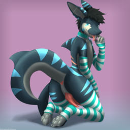 2_penises animal_genitalia anthro anus arm_warmers armwear balls black_hair blue_body blue_markings bodily_fluids butt claws clothing dripping finger_fetish finger_in_mouth finger_lick finger_play fingers genital_fluids genital_slit genitals grey_body grey_claws grey_hands grey_pawpads hair kneeling knot knotted_penis leaking_precum licking looking_back male markings multi_genitalia multi_penis multicolored_body open_mouth pawpads penis precum precum_drip presenting presenting_hindquarters saliva seductive solo tail tapering_penis tongue red_the_kitsune hibaka aquatic fish shark 1:1 2026 absurd_res digital_media_(artwork) full-length_portrait hi_res line_art portrait shaded watermark