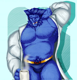 anthro belt beverage blue_body blue_fur body_hair briefs bulge clothing coat coffee container cup fur happy_trail lab_coat male mug muscular muscular_anthro muscular_male pecs solo superhero tired topwear underwear imevorhellwood marvel x-men beast_(marvel) hi_res