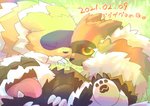 2021 black_body black_fur black_nose brown_body brown_fur canid eyes_closed feral fur galarian_form galarian_zigzagoon generation_3_pokemon generation_8_pokemon group hi_res japanese_text kemono lying mammal nintendo pokemon pokemon-specific_day pokemon_(species) regional_form_(pokemon) sleeping text tongue tongue_out tooboe_huusuke trio white_body white_fur zigzagoon zigzagoon_day