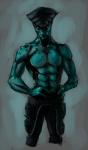 4_eyes abstract_background bottomwear clothed clothing green_body looking_down male multi_eye muscular muscular_humanoid muscular_male pants simple_background solo spots topless superkusokao bioware electronic_arts mass_effect javik alien humanoid prothean 2012 hi_res