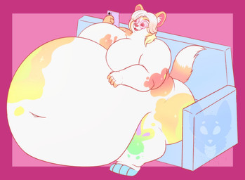 4_toes 5_fingers anthro belly belly_on_ground belly_overhang big_belly big_breasts biped blue_markings blue_sofa breasts cellphone dipstick_tail electronics eyewear eyewear_only fat_arms featureless_breasts feet female female_anthro fingers front_view fur furniture glasses glasses_only green_markings hair holding_cellphone holding_object holding_phone holding_smartphone huge_belly hyper hyper_belly inner_ear_fluff looking_at_cellphone looking_at_object looking_at_phone markings morbidly_obese morbidly_obese_anthro morbidly_obese_female multicolored_body multicolored_fur multicolored_markings navel nude nude_anthro nude_female obese obese_anthro obese_female orange_ears orange_markings orange_tail overweight overweight_anthro overweight_female phone pink_lens purple_markings rainbow_markings red_markings round_glasses sitting smartphone sofa solo tail tail_markings thick_thighs toeless_(marking) toes tuft wearing_glasses white_body white_fur white_hair white_inner_ear_fluff yellow_markings strawberrymilkdog african_wild_dog canid canine mammal 2023 colored hi_res watermark
