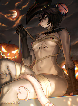 5_fingers anthro areola bedroom_eyes biped black_hair breasts claws cloud countershade_fur countershade_torso countershading ear_piercing female finger_claws fingers front_view fur grey_body grey_fur hair holidays jack-o'-lantern looking_at_viewer mask moon narrowed_eyes navel nipple_piercing nipples nude nude_anthro nude_female outside piercing prehensile_tail seductive sitting solo tail wraps pizhma halloween american_opossum mammal marsupial 2025 digital_drawing_(artwork) digital_media_(artwork) hi_res