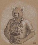 anthro clothed clothing fingers fur holding_object leaf looking_down loose_tie male markings mole_(marking) necktie open_mouth plant plant_pot potted_plant rolled_up_sleeves shirt simple_background solo surprise topwear unbuttoned_shirt white_body white_clothing white_fur sejantlamb aggretsuko sanrio resasuke ailurid mammal red_panda brown_theme graphite_(artwork) half-length_portrait hi_res mixed_media monochrome portrait signature traditional_media_(artwork)