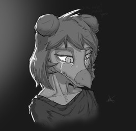 anthro bodily_fluids clothed clothing crying female hair half-closed_eyes long_snout looking_down multicolored_body narrowed_eyes pupils slit_pupils snout solo tears text two_tone_body unknown_artist cavemanon_studios goodbye_volcano_high ko_op_(game_developer) snoot_game stella_(gvh_beta) dinosaur ornithischian prehistoric_species reptile scalie stegosaurian stegosaurus thyreophoran bust_portrait english_text monochrome portrait sketch