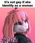 anthro clothed clothing dark_humor ears_down female hair humor joke looking_at_viewer pink_hair pivoted_ears shitpost smile smiling_at_viewer solo text joelsfm jazmine_(joelsfm) lagomorph leporid mammal rabbit 3d_(artwork) absurd_res digital_media_(artwork) english_text hi_res meme source_filmmaker_(artwork) trans_(lore) trans_woman_(lore)