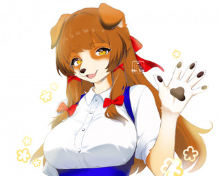 5_fingers accessory anthro bangs big_breasts blue_clothing bow_(feature) bow_accessory bow_ribbon breasts brown_body brown_fur brown_hair cheek_tuft clothed clothing collared_shirt cute_fangs dress dress_shirt facial_tuft fangs female fingers floppy_ears fur gesture hair hair_accessory hair_bow hair_ribbon long_hair looking_at_viewer multicolored_body pawpads pigtails ribbons shirt simple_background smile solo teeth topwear tuft two_tone_body waving waving_at_viewer waving_hand white_body white_fur yellow_eyes cottonbunny canid canine canis collie domestic_dog herding_dog mammal pastoral_dog rough_collie sheepdog bust_portrait digital_media_(artwork) hi_res portrait