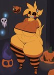 anthro beakless big_breasts black_sclera bottomless breasts clothed clothing female food fruit holidays huge_breasts huge_hips huge_thighs legwear looking_at_viewer non-mammal_breasts plant pumpkin red_eyes sharp_teeth shirt smile solo standing teeth thick_thighs thigh_highs topwear under_boob wide_hips yellow_body xytora five_nights_at_freddy's five_nights_at_freddy's_2 halloween scottgames toy_chica_(fnaf) avian bird chicken galliform gallus_(genus) phasianid 2022 digital_media_(artwork) hi_res