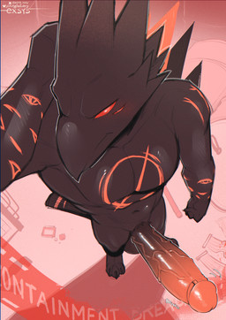 4_eyes anthro balls beak big_penis biped black_body black_feathers erection feathers genitals glans high-angle_view huge_penis humanoid_genitalia humanoid_penis male multi_eye nude_anthro nude_male penis red_eyes solo standing tail tail_feathers throbbing throbbing_penis vein veiny_penis exsys avian bird