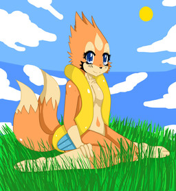 anthro anthrofied biped black_nose blue_eyes blush breasts female fur grass looking_at_viewer nude orange_body orange_fur outside plant pokemorph sitting sky smile solo sun tan_body tan_fur sssonic2 nintendo pokemon floatzel generation_4_pokemon mammal mustelid pokemon_(species) 2010 digital_media_(artwork)