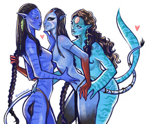 blue_body blue_eyes blue_skin bodypaint bottomwear breast_squish breasts breasts_frottage brown_hair caressing clothed clothing dreadlocks ear_piercing ear_ring entwined_tails eyelashes female female/female grin group hair hair_grab half-closed_eyes hand_holding hand_on_belly hand_on_leg hand_on_thigh heart_symbol leaning leaning_forward leaning_on_another loincloth loincloth_only long_hair looking_at_another looking_at_partner markings mostly_nude mostly_nude_female mostly_nude_humanoid multicolored_body narrowed_eyes nude nude_female nude_humanoid piercing pointy_ears raised_tail ring_piercing side_view simple_background skinny skinny_female skinny_humanoid slim slim_female slim_humanoid smile squish standing tail tail_coil tail_tuft teal_body teal_skin topless touching_hair trio tuft white_background yellow_eyes emhidesart james_cameron's_avatar neytiri ronal_(james_cameron's_avatar) varang_(james_cameron's_avatar) alien alien_humanoid humanoid na'vi hi_res signature