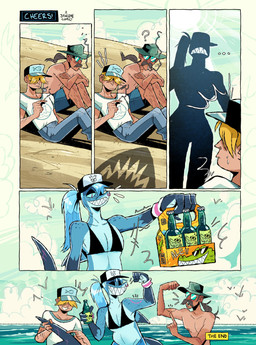 alcohol anthro beach beer beer_belly beverage bikini bikini_top black_border blue_body border bottomwear breasts cigarette clothed clothed_anthro clothed_female clothed_human clothed_male clothing countershade_arms countershade_face countershade_neck countershade_torso countershading denim denim_bottomwear denim_clothing dorsal_fin emanata eyewear facial_hair facial_piercing female fin freckled_shoulders freckles fully_clothed fully_clothed_anthro fully_clothed_female fully_clothed_human fully_clothed_male gills glasses group hair hair_over_eye hat headgear headwear holding_tail hotpants jeans looming male mustache non-mammal_hair nose_piercing nose_ring pants piercing pink_pupils ponytail pupils ring_piercing scar scrunchie sea seaside septum_piercing septum_ring sharp_teeth shirt shorts small_breasts smoking smoking_cigarette swimwear t-shirt tail tail_fin tail_hold teeth topless topless_male topwear trio two-piece_swimsuit water herny jawlene_(herny) ambient_bird fish human mammal marine shark 2025 absurd_res colored comic digital_media_(artwork) hi_res