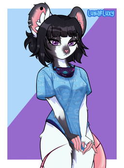 anthro black_hair clothing ear_piercing eyelashes female hair pajamas piercing simple_background sleepwear solo lunarluxy peanuts_(comic) luxy_mouse snoopy mammal mouse murid murine rodent absurd_res hi_res