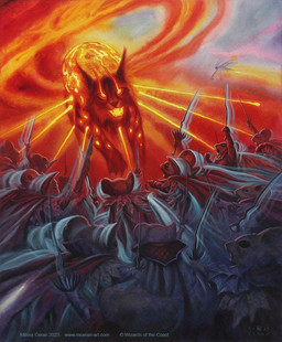 ambiguous_gender anthro army brown_body cape clothing feral fire gesture glowing glowing_eyes group hand_gesture holding_melee_weapon holding_object holding_shield holding_sword holding_weapon leaf_clothing melee_weapon open_mouth pointing shield sword weapon milivoj_ceran hasbro magic:_the_gathering wizards_of_the_coast elemental_creature felid feline fire_creature lynx mammal mouse murid murine rodent 2023 hi_res official_art traditional_media_(artwork)