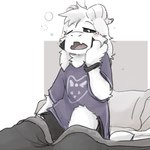 anthro bed bedding blanket bracelet clothed clothing delta_rune_(emblem) drowsy fur furniture horn jewelry male on_bed open_mouth pillow solo symbol tired tired_eyes under_covers white_body white_fur yawn pop2hotzz undertale undertale_(series) asriel_dreemurr_(god_form) bovid caprine goat mammal 1:1